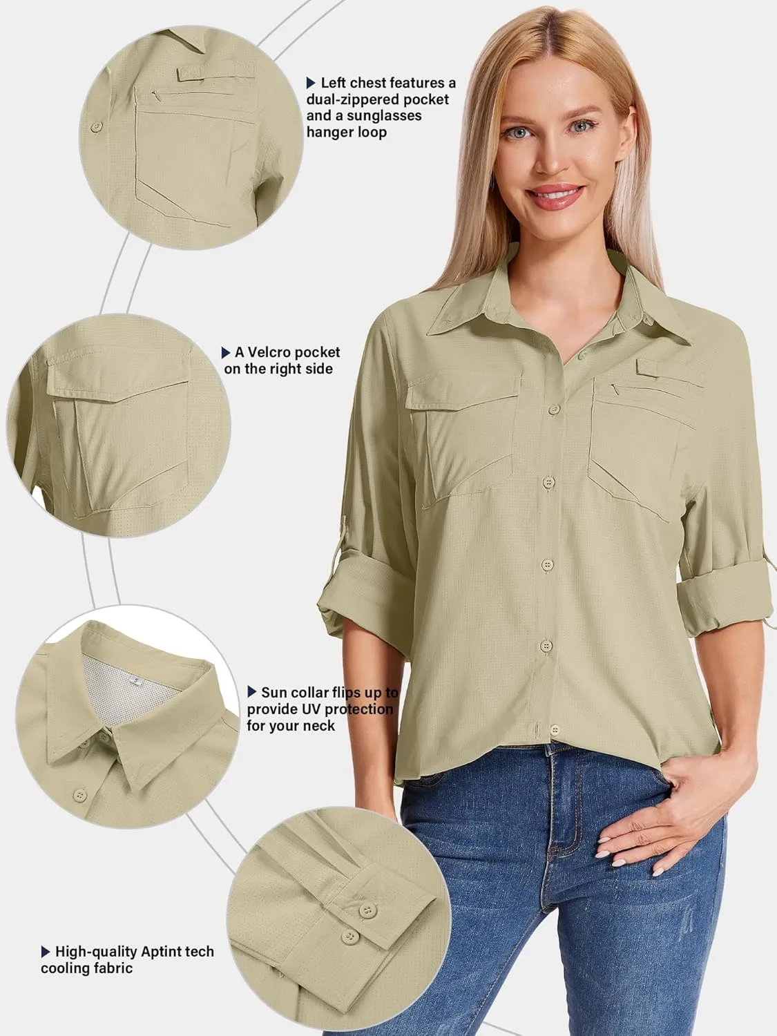 Women's UPF 50 UV Sun Protection Shirts Long Sleeve Outdoor Cool Quick Dry Safari Fishing Hiking Travel Shirts
