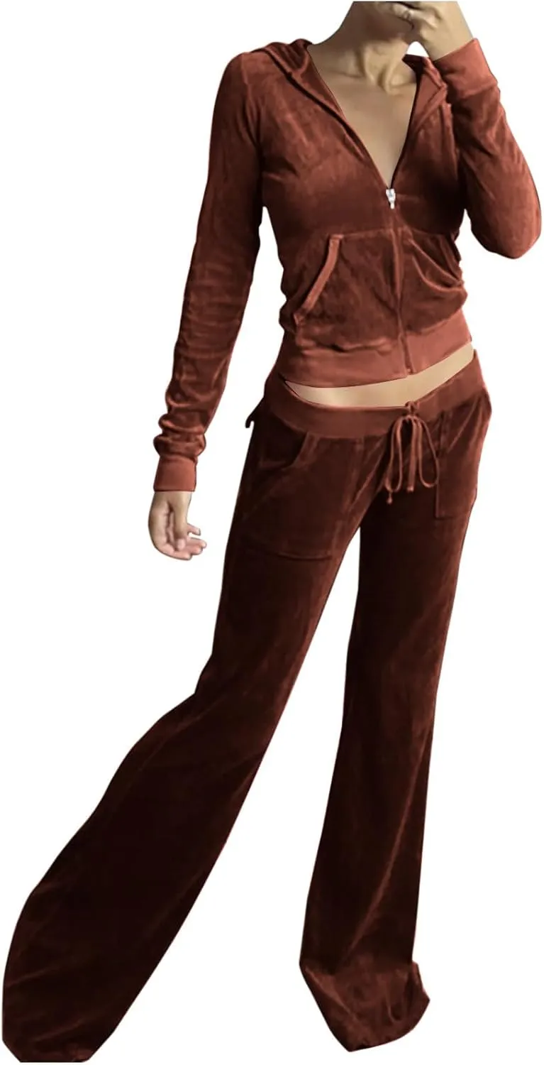 Womens Velour Tracksuit Two Piece Cropped Sweatshirt Flared Pants Workout Jogging Sets Velvet Sweatsuit Y2K Outfits