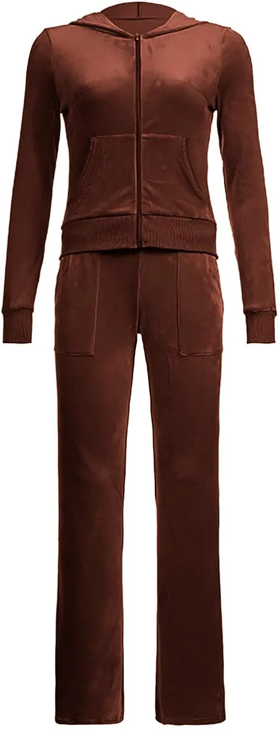 Womens Velour Tracksuit Two Piece Cropped Sweatshirt Flared Pants Workout Jogging Sets Velvet Sweatsuit Y2K Outfits