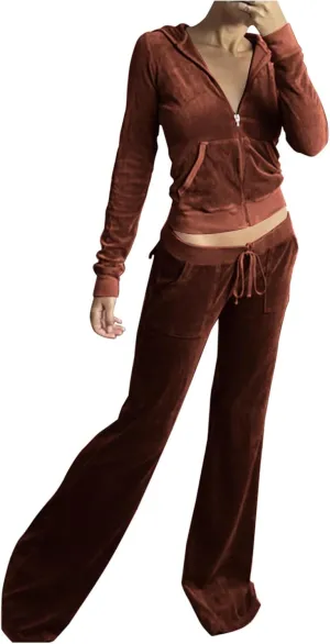 Womens Velour Tracksuit Two Piece Cropped Sweatshirt Flared Pants Workout Jogging Sets Velvet Sweatsuit Y2K Outfits