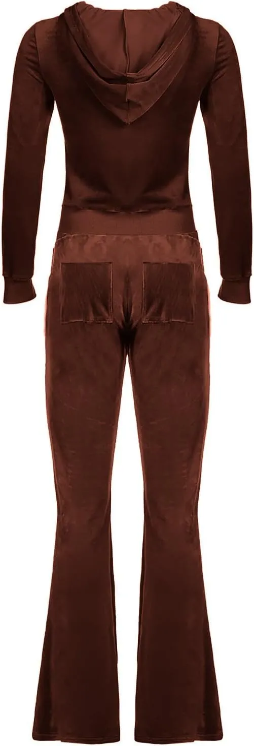 Womens Velour Tracksuit Two Piece Cropped Sweatshirt Flared Pants Workout Jogging Sets Velvet Sweatsuit Y2K Outfits