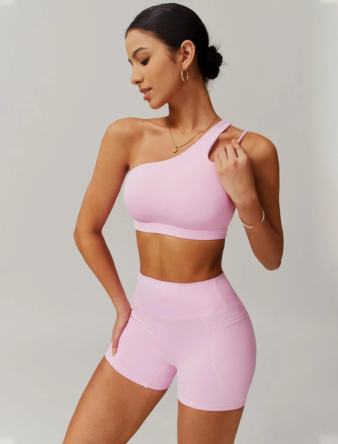 Womens Workout Sets Single Shoulder Straps Sport Bra Matching Shorts 2 Piece Gym Yoga Active Outfits with Pockets