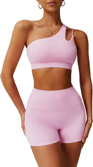 Womens Workout Sets Single Shoulder Straps Sport Bra Matching Shorts 2 Piece Gym Yoga Active Outfits with Pockets