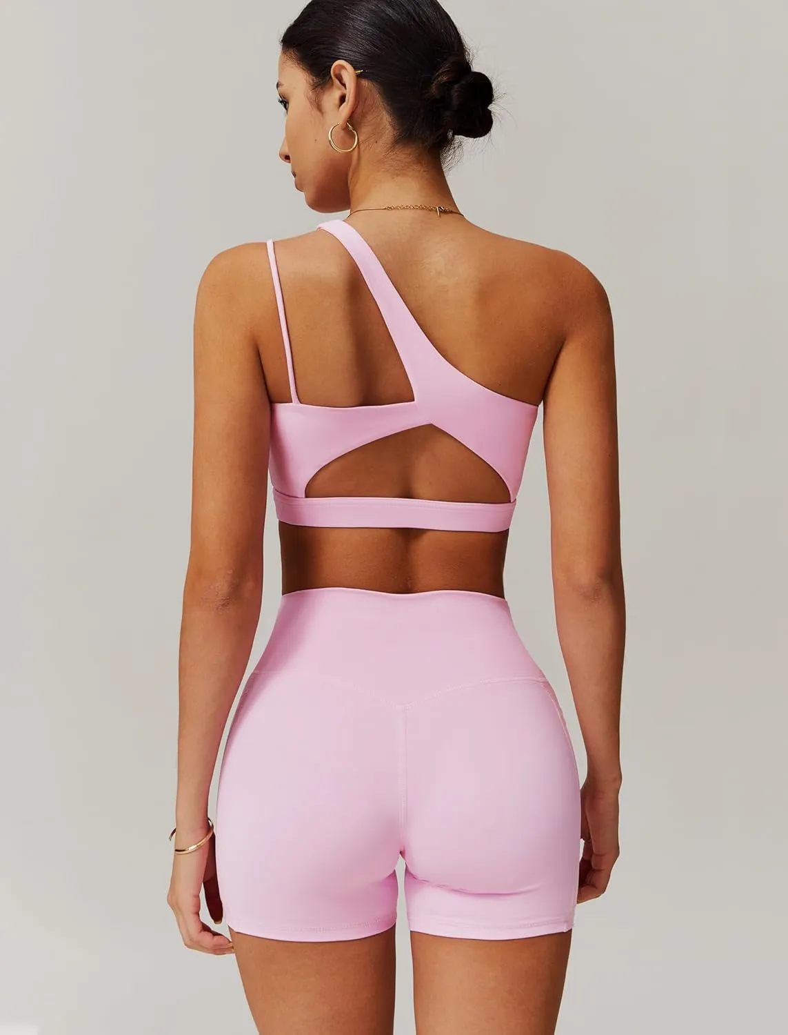 Womens Workout Sets Single Shoulder Straps Sport Bra Matching Shorts 2 Piece Gym Yoga Active Outfits with Pockets