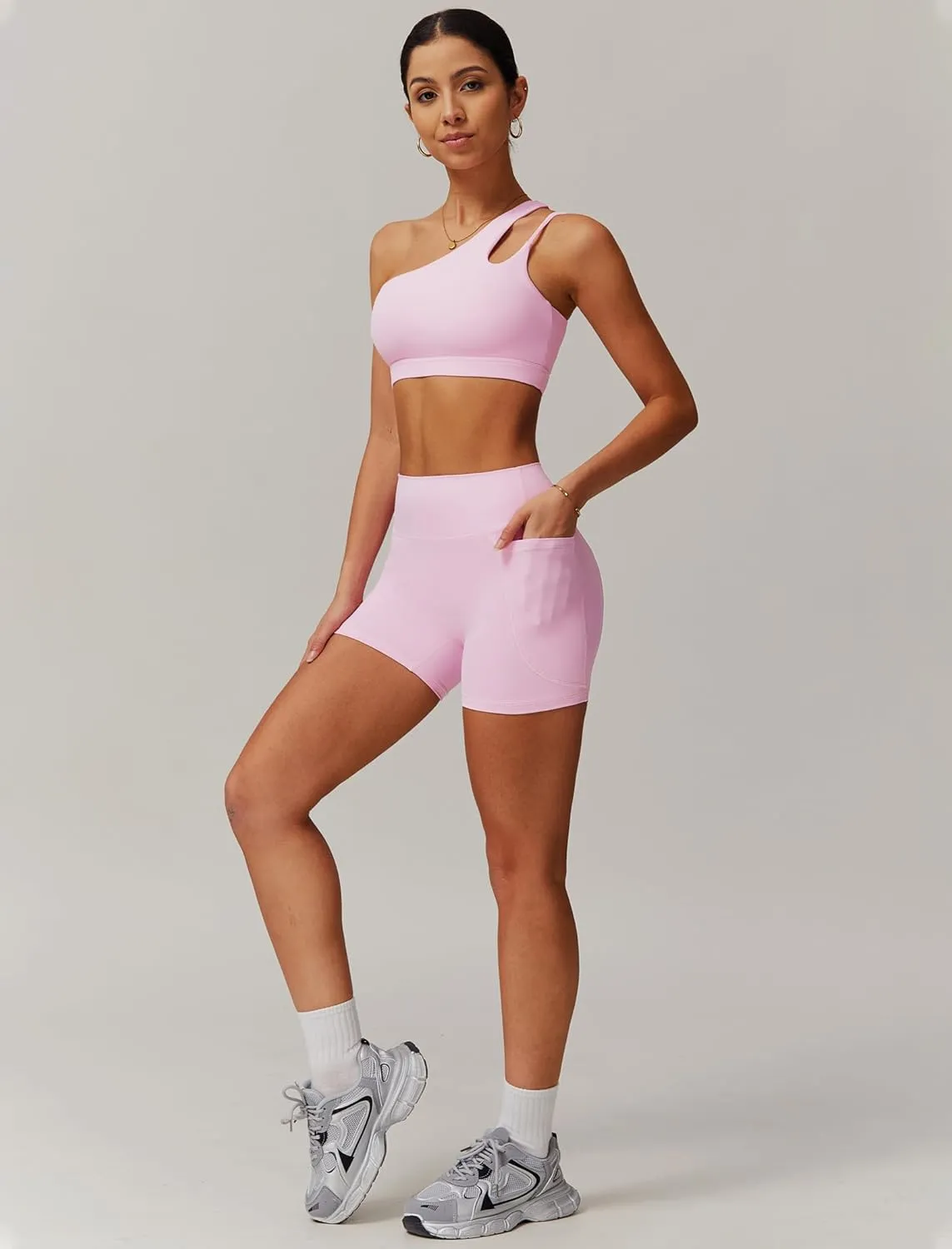 Womens Workout Sets Single Shoulder Straps Sport Bra Matching Shorts 2 Piece Gym Yoga Active Outfits with Pockets