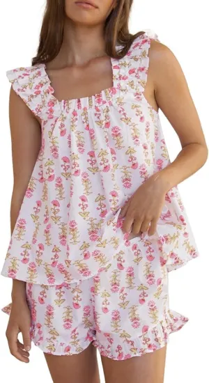 Wyeysyt Summer PJs for Women Set, Womens Floral Pajama Set Trim Cami Top and Shorts 2 Piece Sleepwear Set