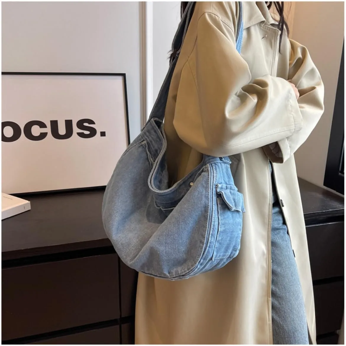 Y2K Crossbody Bag hobo Purse Lightweight Messenger Bag Denim Shoulder Bag Women's 2024 Fashion Tote Bag (Light blue)