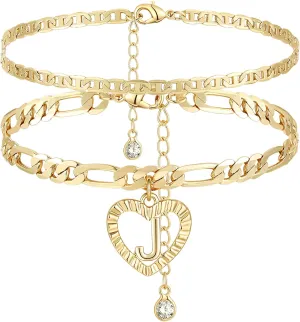 YANODA Initial Ankle Bracelets for Women 14K Gold Plated Layered Figaro Chain Letter Initial Anklets Handmade Layered Heart Ankle Bracelets Personalized Jewelry for Women