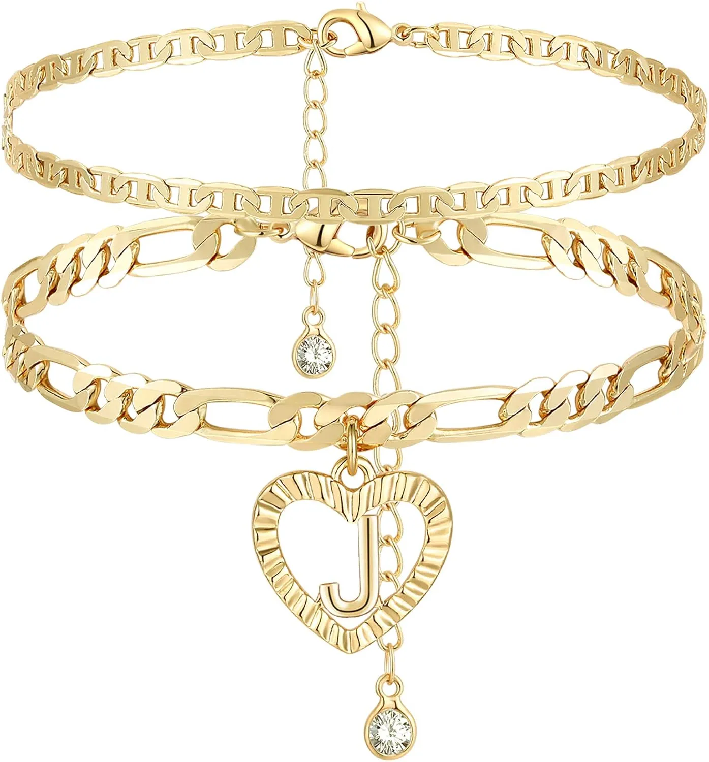 YANODA Initial Ankle Bracelets for Women 14K Gold Plated Layered Figaro Chain Letter Initial Anklets Handmade Layered Heart Ankle Bracelets Personalized Jewelry for Women