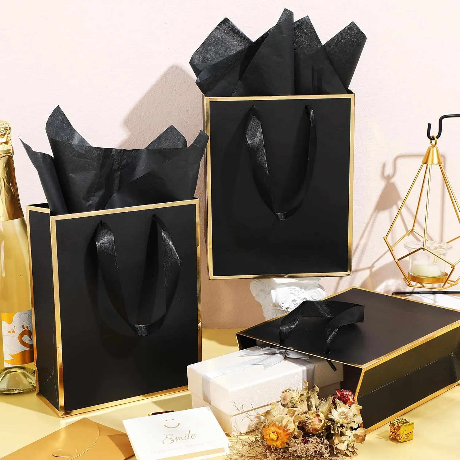 Yeaqee 50 Pack Metallic Gift Bags with Handle and Tissue Paper for Wedding Graduation Holiday Bridesmaid Thank You 5 Senses Gift Bag for Her Him Birthday 9 x 7 x 3.15''(Black and Gold)