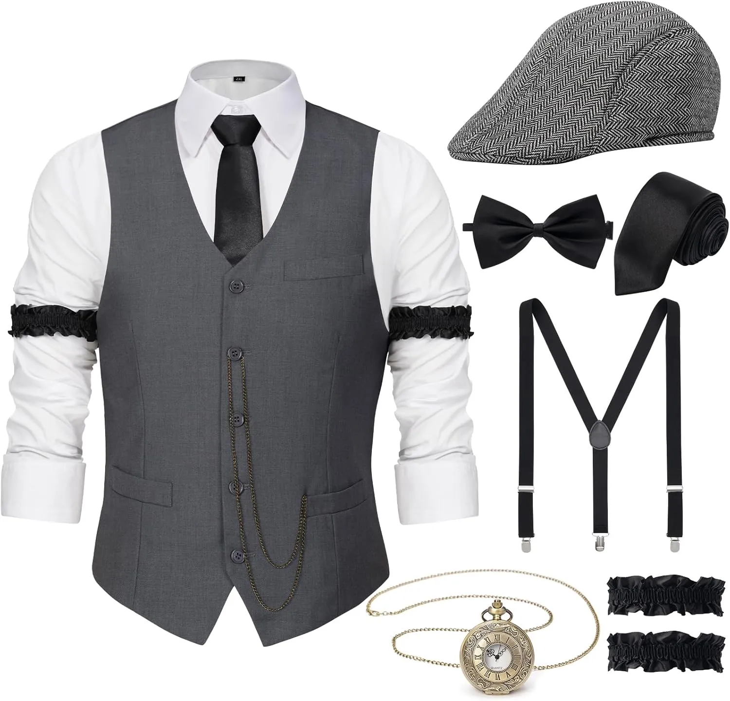 YESSA 1920s Mens Costume Gatsby Gangster Costume Accessories Set-1920s Hat Vest Pocket Watch Tie-Roaring 20s Costumes for Men