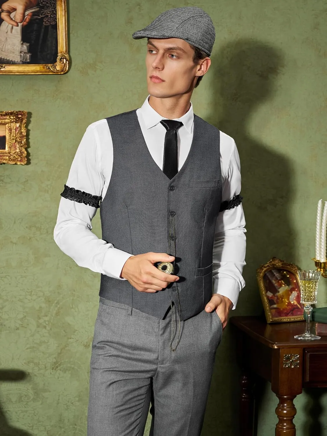 YESSA 1920s Mens Costume Gatsby Gangster Costume Accessories Set-1920s Hat Vest Pocket Watch Tie-Roaring 20s Costumes for Men