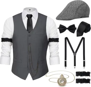 YESSA 1920s Mens Costume Gatsby Gangster Costume Accessories Set-1920s Hat Vest Pocket Watch Tie-Roaring 20s Costumes for Men