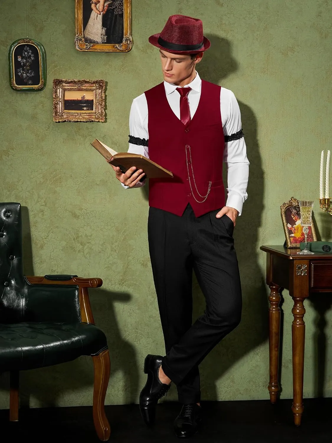 YESSA 1920s Mens Costume,Roaring 20s Costumes for Men,Gatsby Costume Men,1920s Mens Outfit Hat Vest Pocket Watch Tie