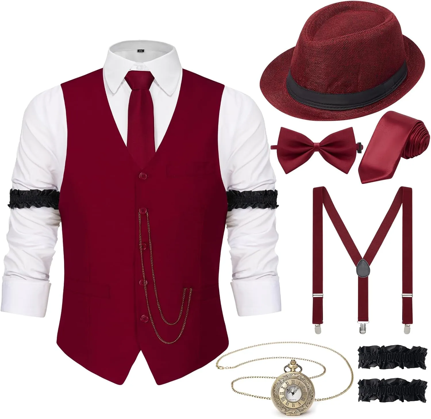 YESSA 1920s Mens Costume,Roaring 20s Costumes for Men,Gatsby Costume Men,1920s Mens Outfit Hat Vest Pocket Watch Tie
