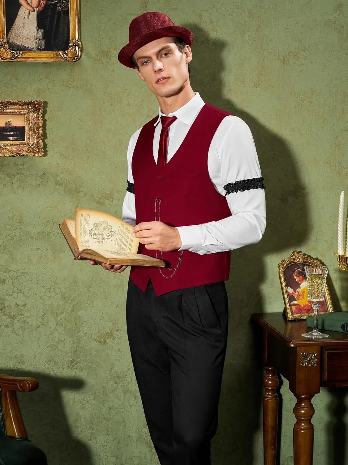 YESSA 1920s Mens Costume,Roaring 20s Costumes for Men,Gatsby Costume Men,1920s Mens Outfit Hat Vest Pocket Watch Tie