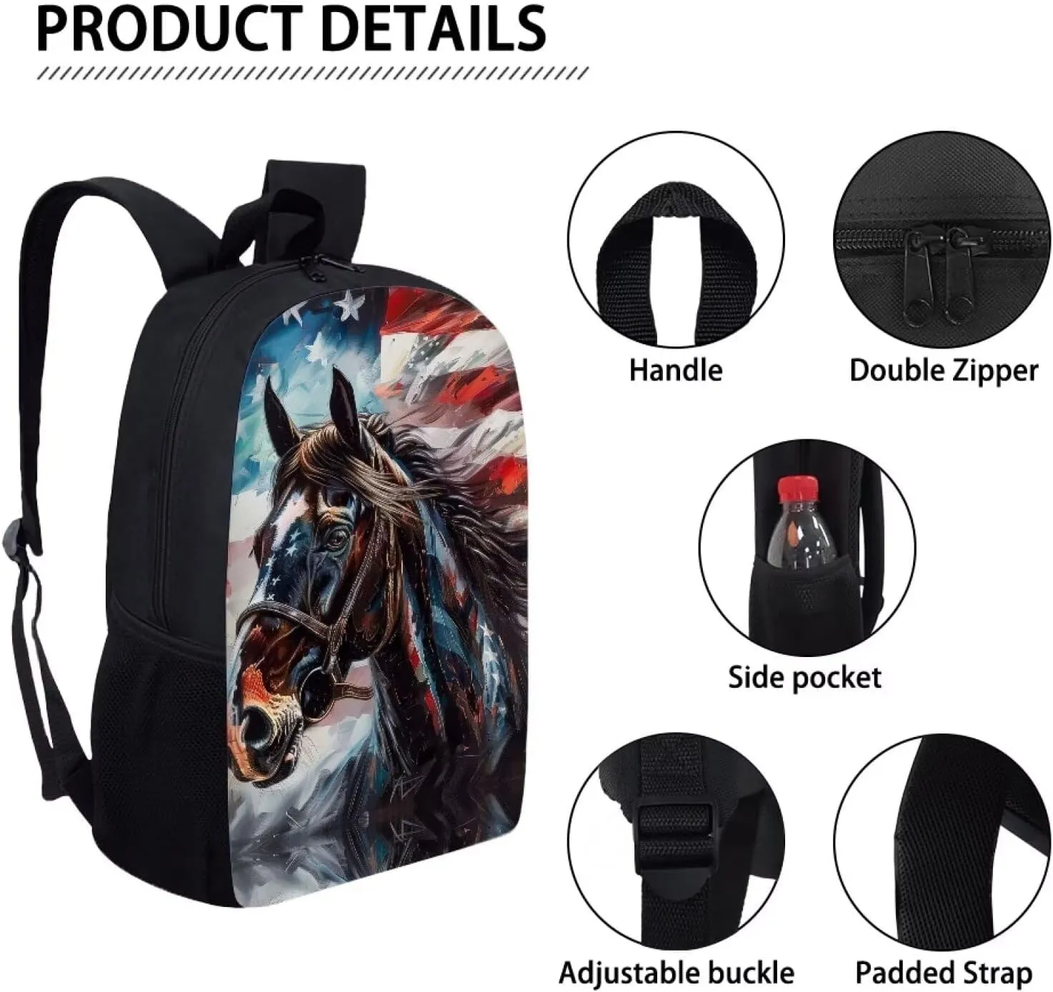 Ystardream Girls Horse Backpack for Kids School Bags for Girls 10-12 Years Old American Flag Book Bag for Girls Boys Elementary School Backpack for Office Lightweight Outdoor Travel Bag