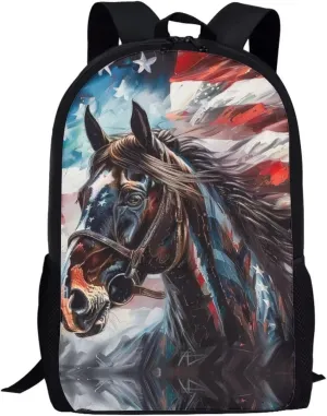 Ystardream Girls Horse Backpack for Kids School Bags for Girls 10-12 Years Old American Flag Book Bag for Girls Boys Elementary School Backpack for Office Lightweight Outdoor Travel Bag