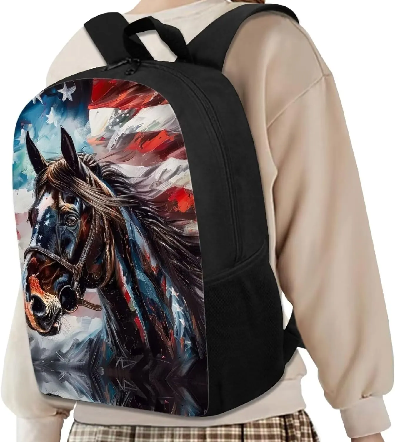 Ystardream Girls Horse Backpack for Kids School Bags for Girls 10-12 Years Old American Flag Book Bag for Girls Boys Elementary School Backpack for Office Lightweight Outdoor Travel Bag