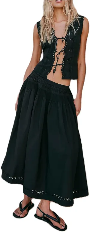 Yuemengxuan Maxi Skirt Sets for Women Y2k Summer Dresses Tie Front Tops and Long Skirts Cutout Beach 2 Piece Outfits