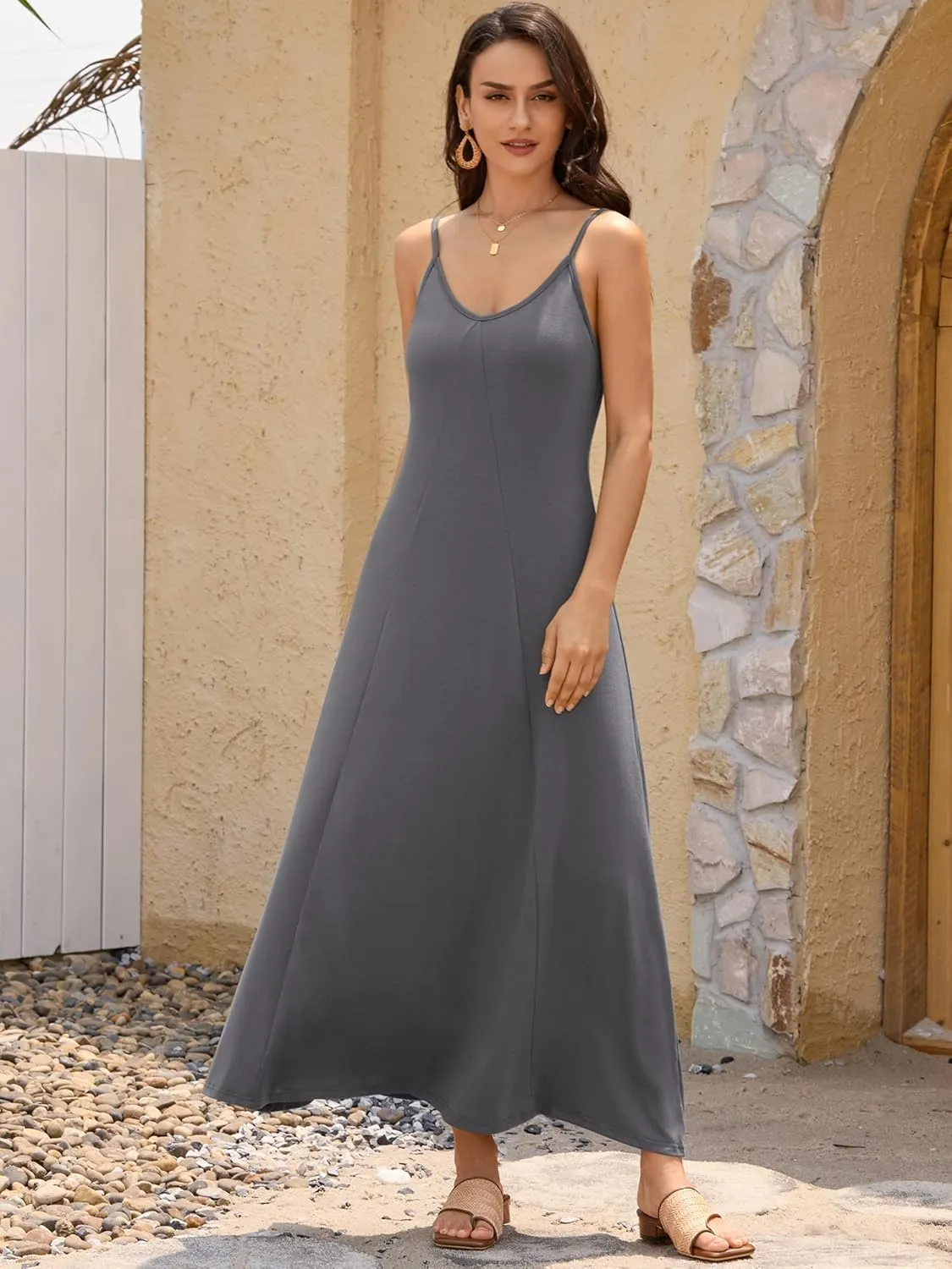 ZAFUL Women's 2025 Summer Casual A-Line Maxi Dress Sleeveless Halter Spaghetti Strip Loose Long Flowy Beach Dresses