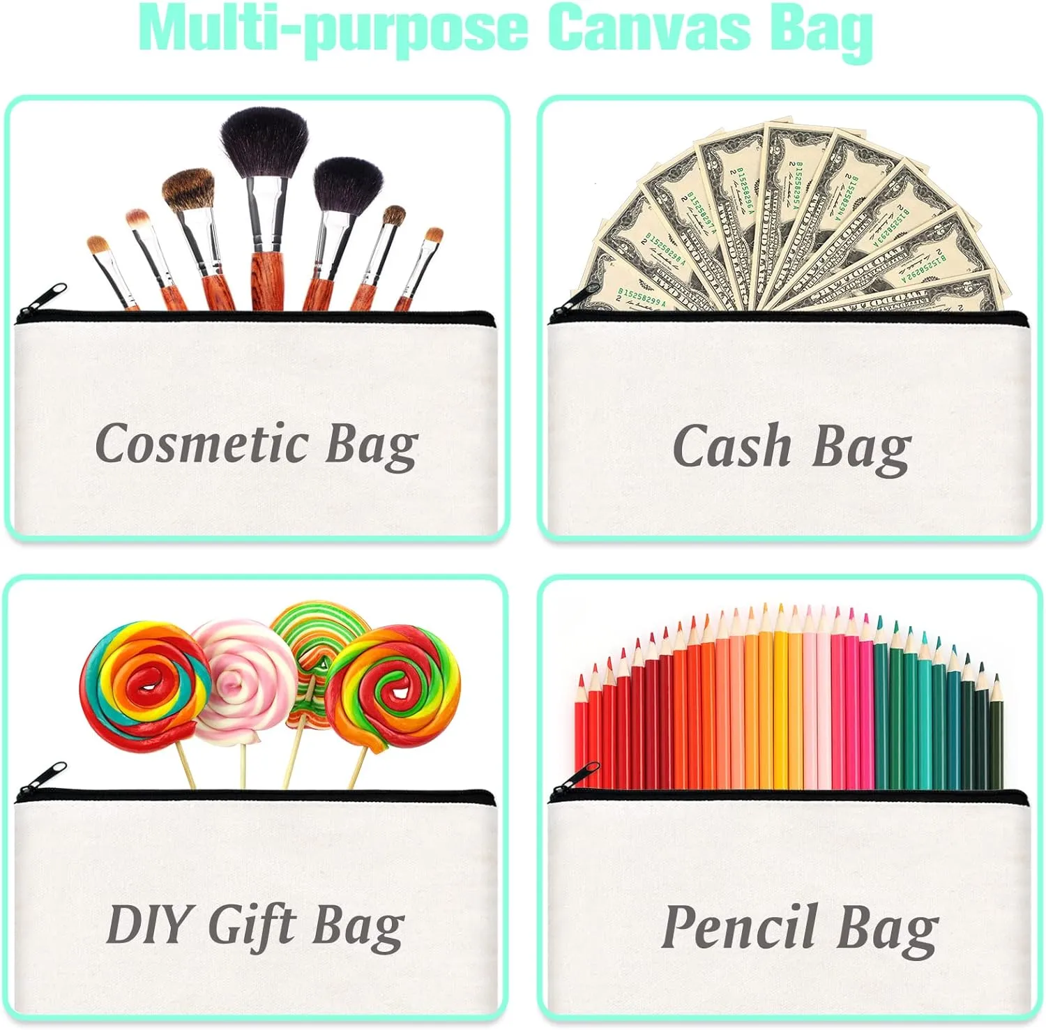 ZeeDix Canvas Pouch- Multi-purpose Cosmetic Bag with Zipper, DIY Craft Canvas Zipper Pouch Blank Makeup Bags Bulk Travel Toiletry Bag for Storage (8.3 x 5 inches)