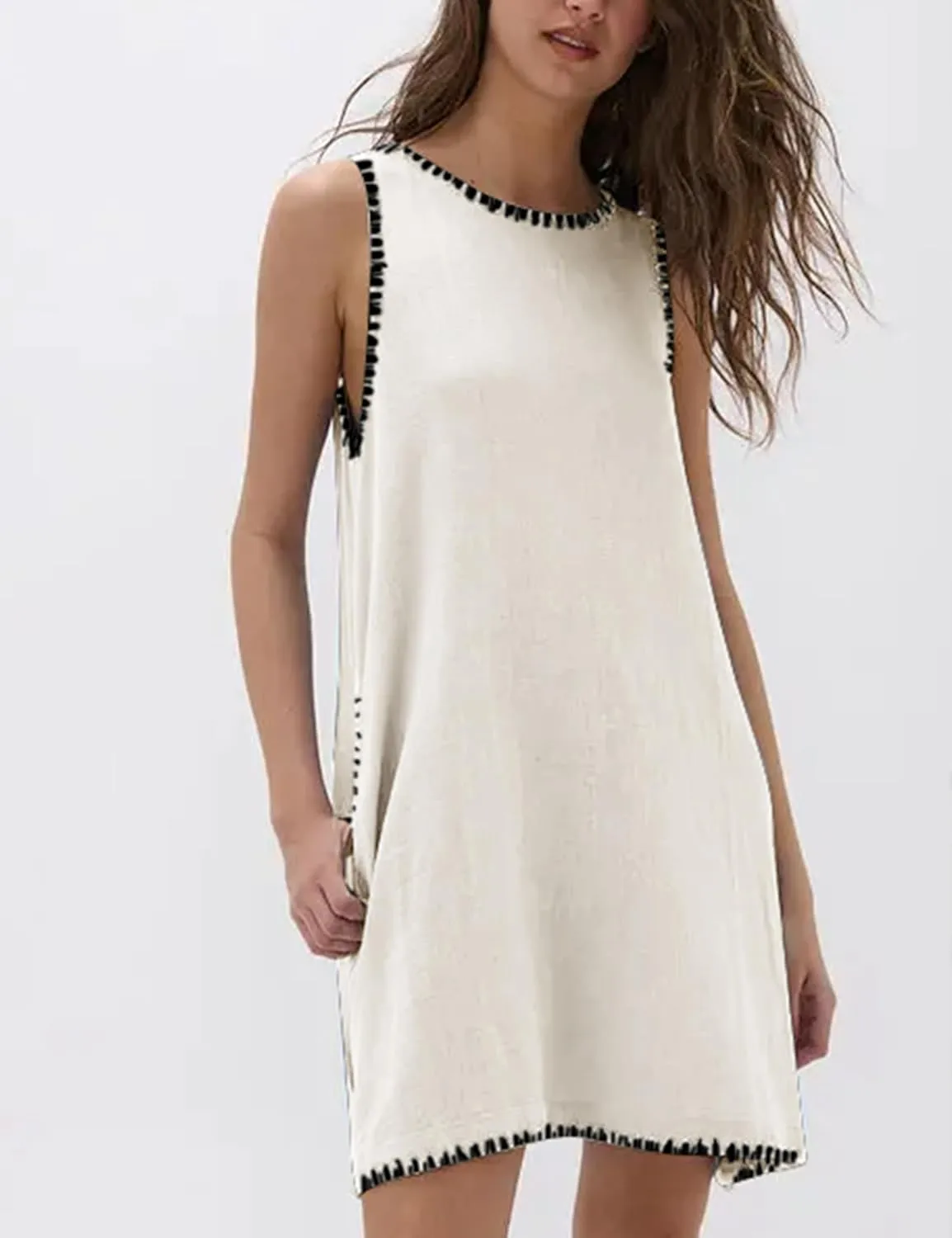 Zontroldy Summer Sleeveless Mini Dress Casual Crewneck Short Sundress Dresses with Pockets